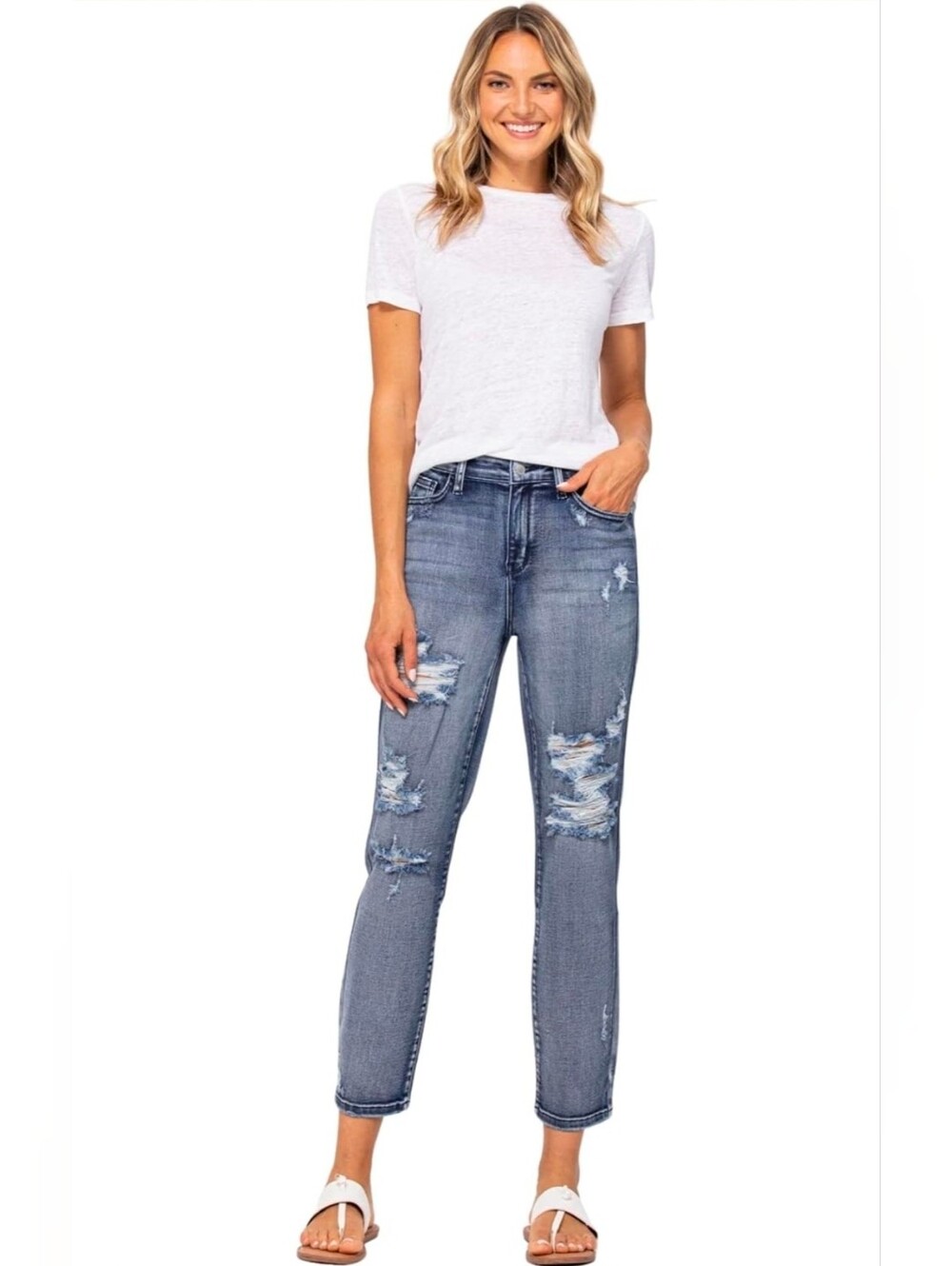 Judy Blue Medium Wash High Waisted Distressed Boyfriend Fit Jeans Size 14W NWT